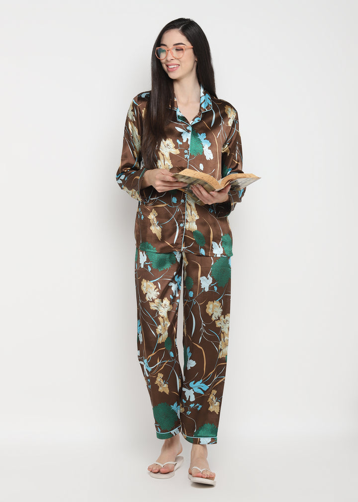 Big Flower Print Satin Long Sleeve Women's Night Suit - Shopbloom