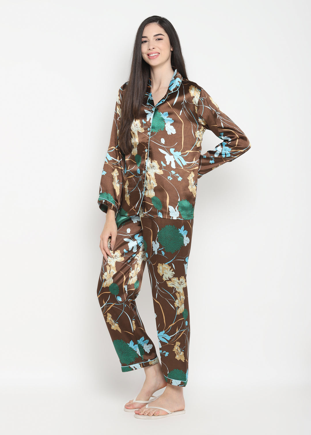 Big Flower Print Satin Long Sleeve Women's Night Suit - Shopbloom