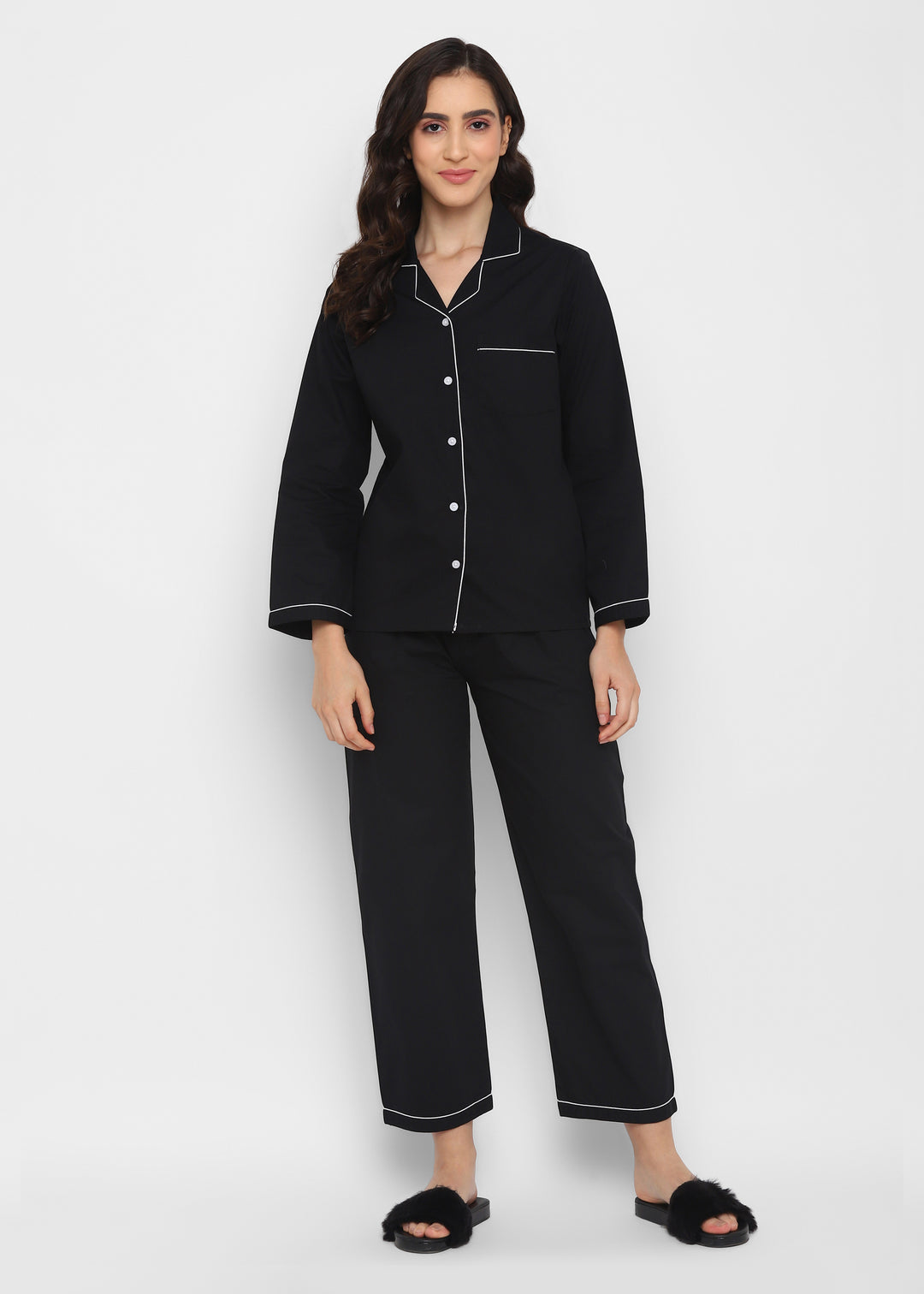 Black Cotton Poplin with White Piping Women's Night Suit