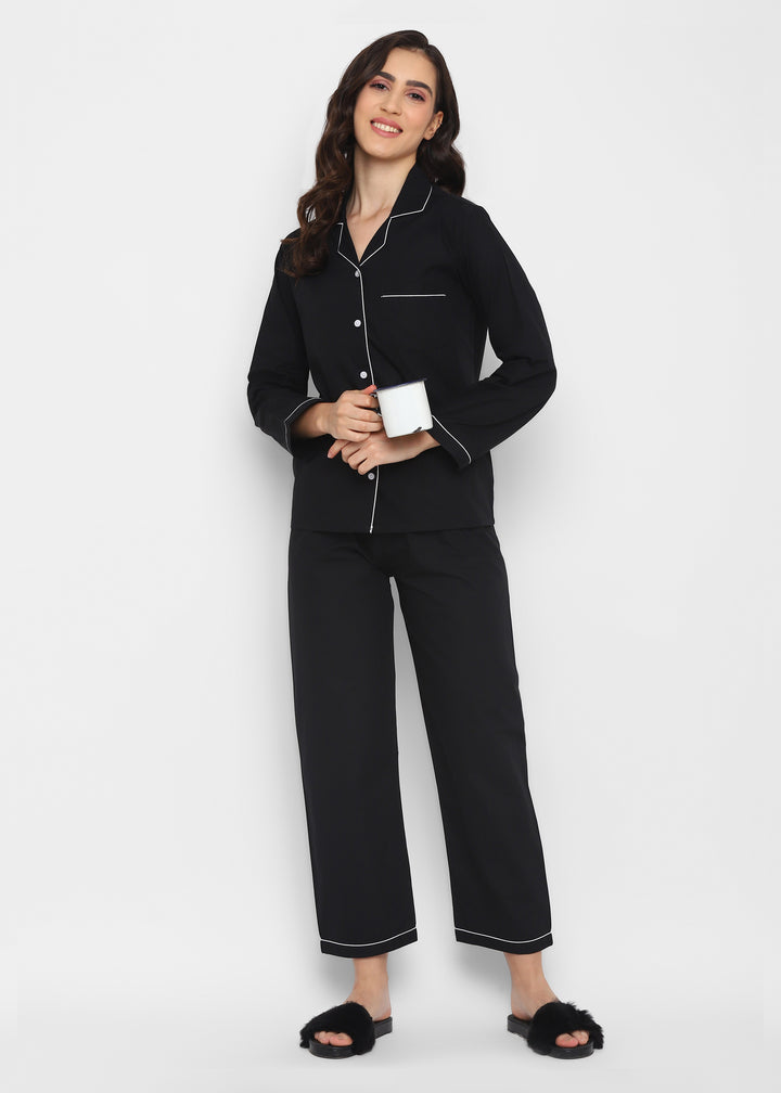 Black Cotton Poplin with White Piping Women's Night Suit