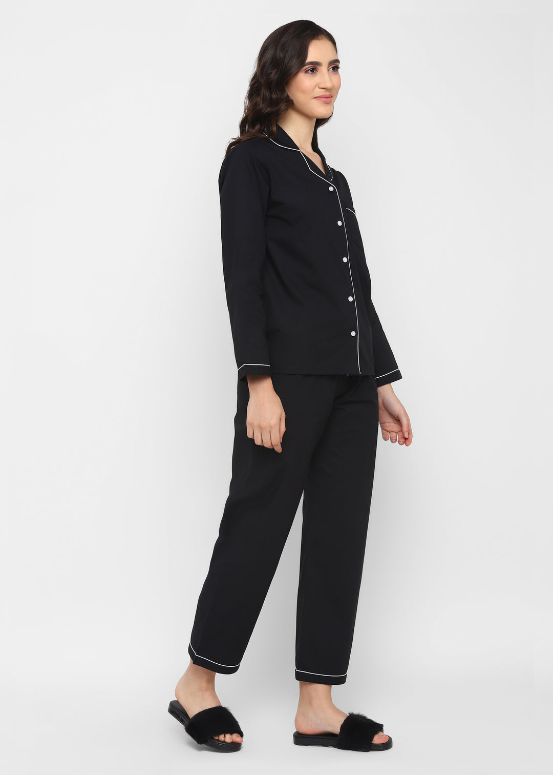 Black Cotton Poplin with White Piping Women's Night Suit