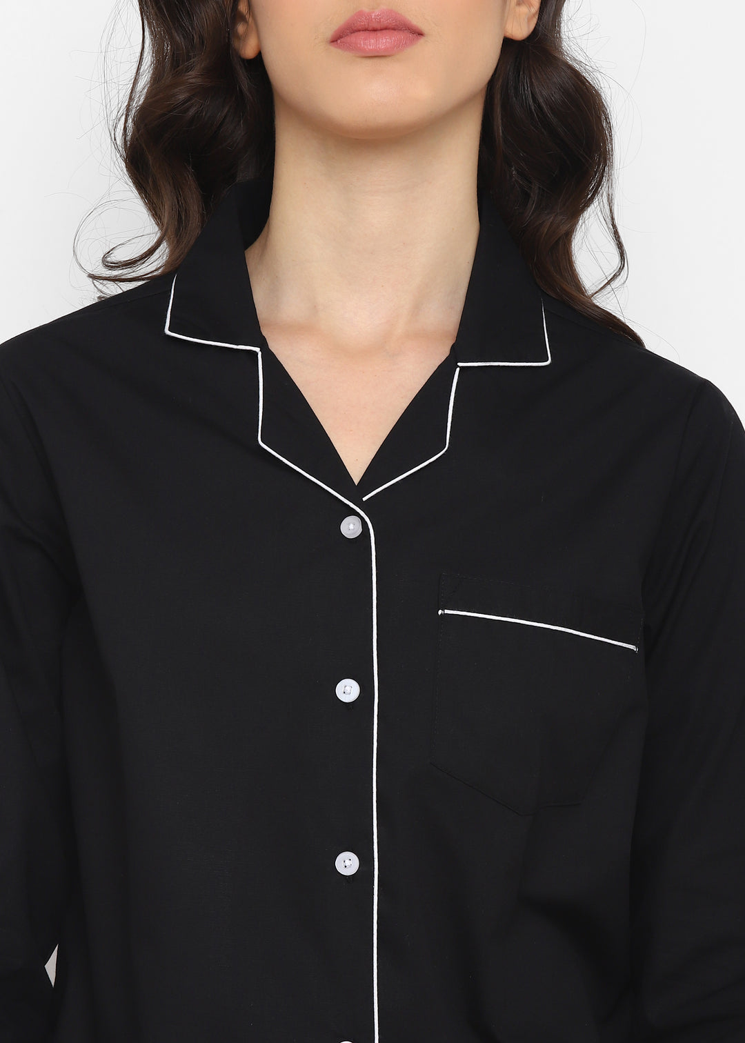 Black Cotton Poplin with White Piping Women's Night Suit