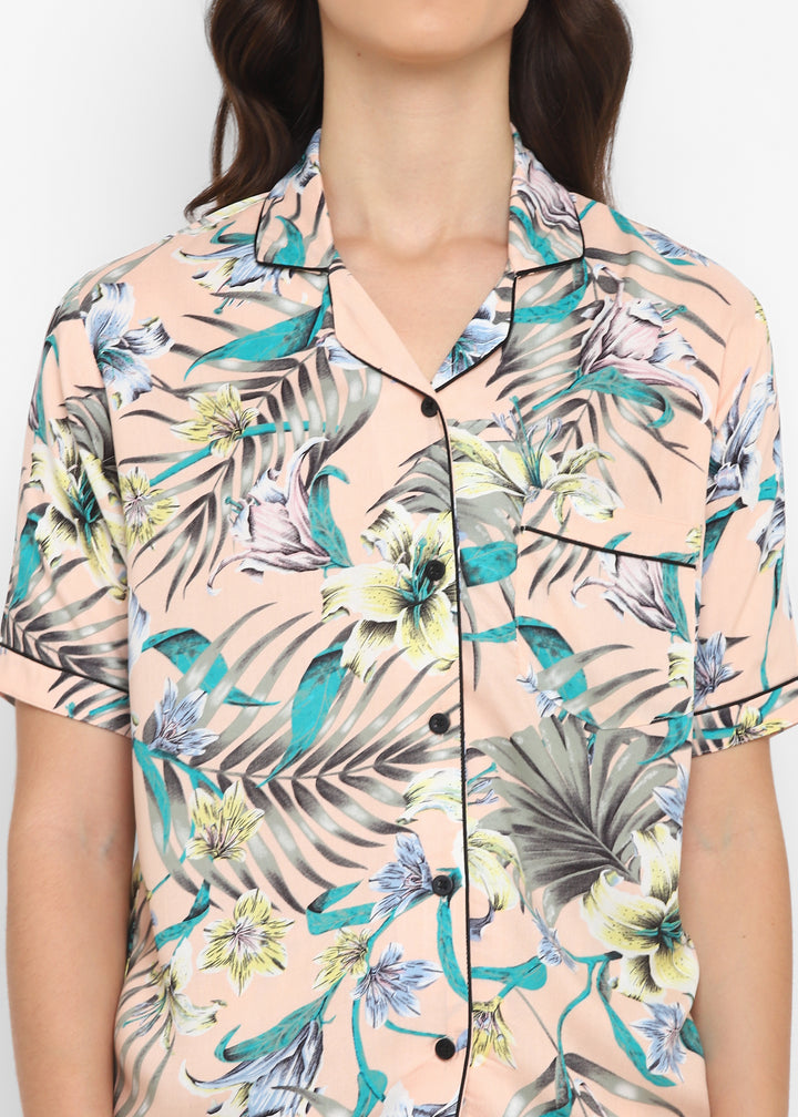 Tropical Flower and Leaf Print Short Sleeve Women's Boxer Set