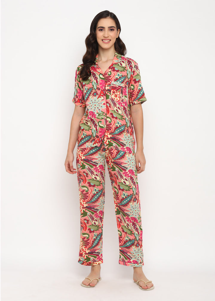 Abstract Flower Print Short Sleeve Women's Night Suit