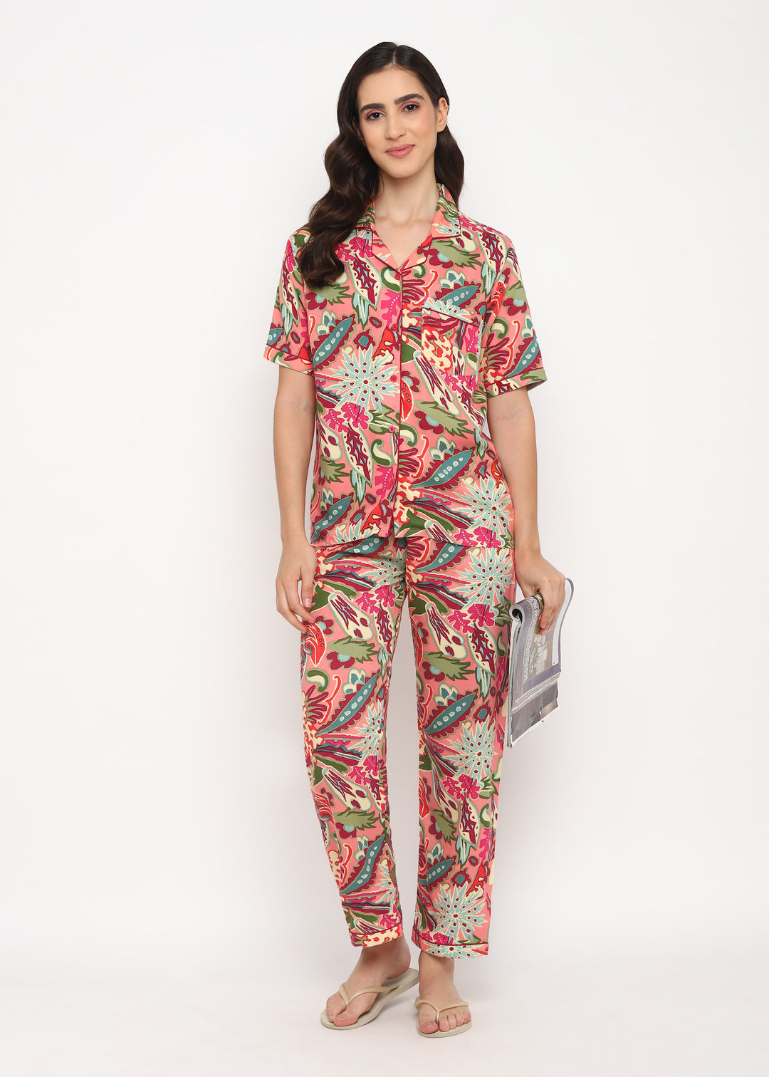 Abstract Flower Print Short Sleeve Women's Night Suit