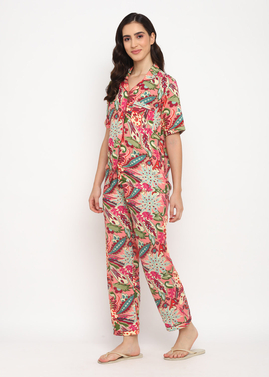 Abstract Flower Print Short Sleeve Women's Night Suit