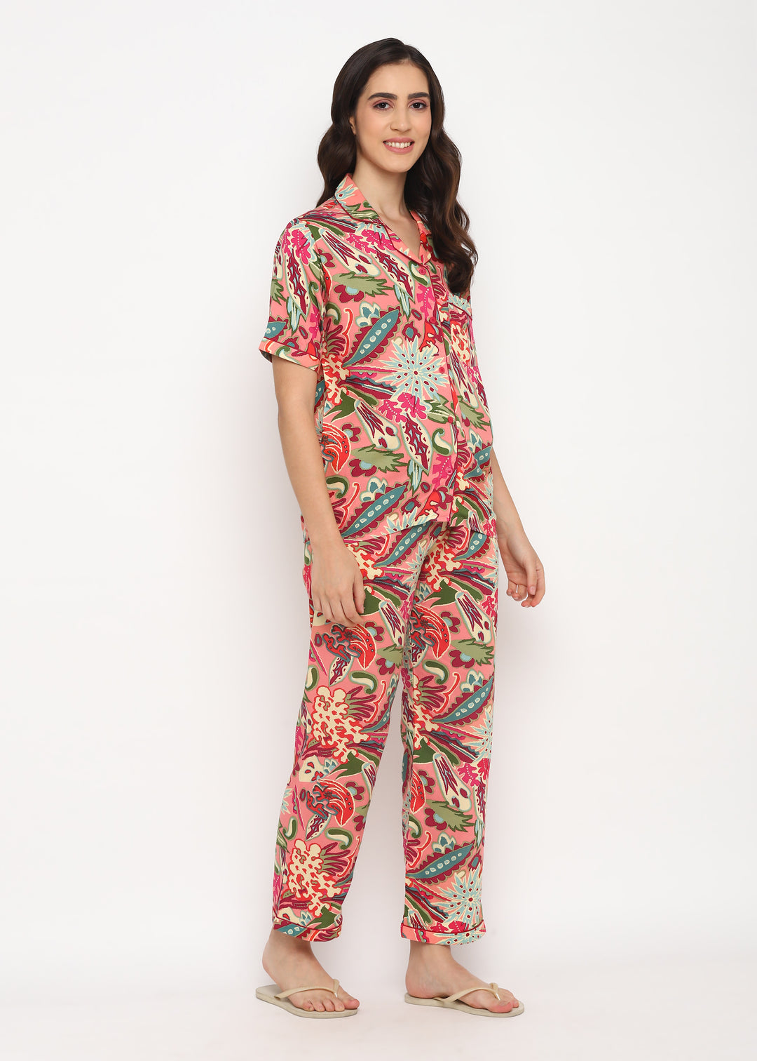 Abstract Flower Print Short Sleeve Women's Night Suit