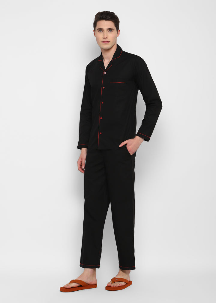 Black Cotton with Red Piping Men's Night Suit