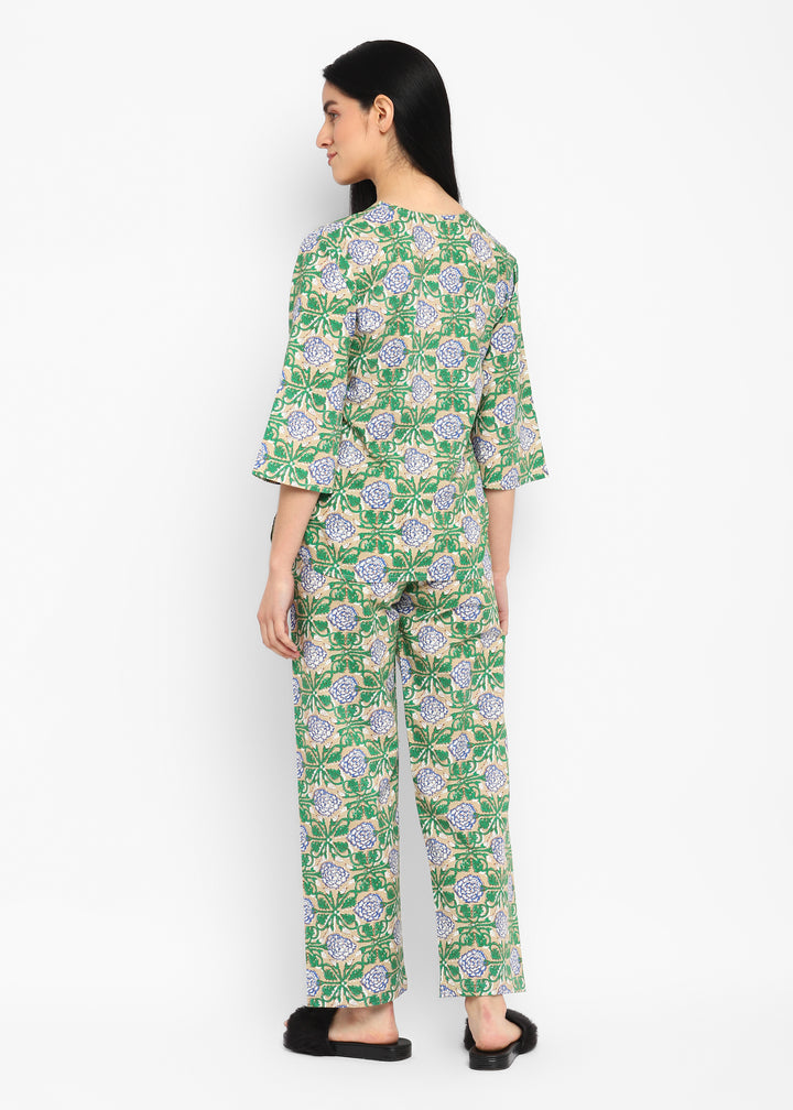 Blue Flower and Green Leaf Print V Neck 3/4th Sleeve Women's Night suit - Shopbloom