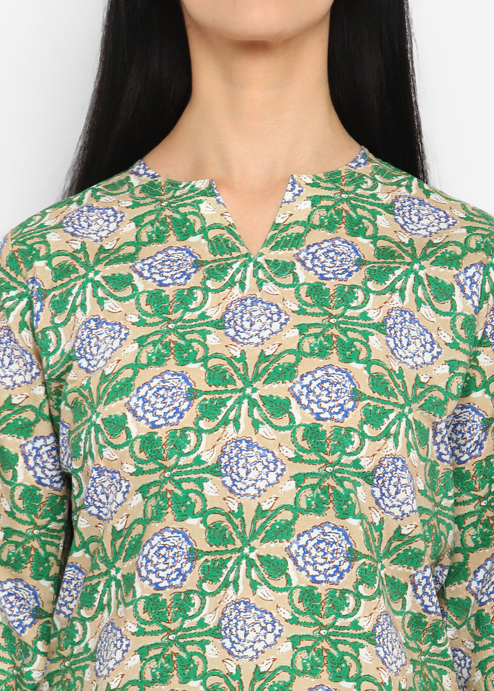 Blue Flower and Green Leaf Print V Neck 3/4th Sleeve Women's Night suit - Shopbloom