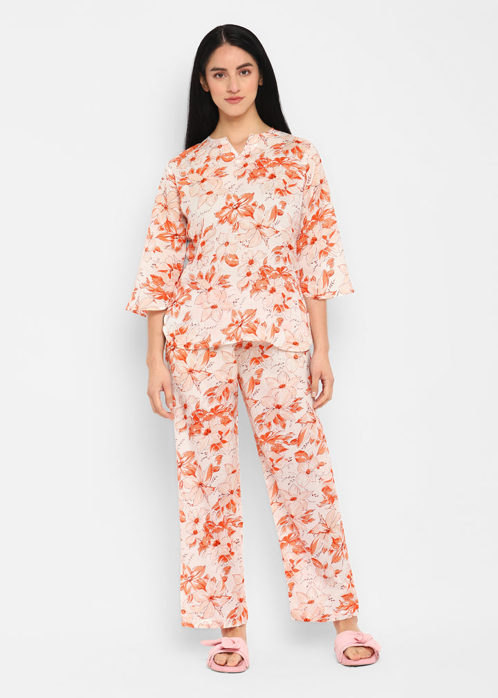 Multi Flower Orange Print V Neck 3/4th Sleeve Women's Night suit - Shopbloom