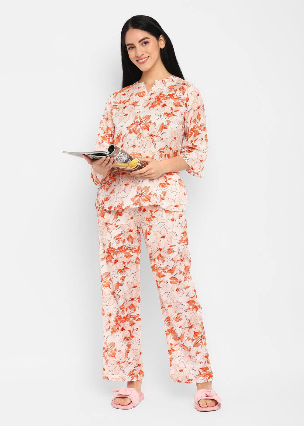 Multi Flower Orange Print V Neck 3/4th Sleeve Women's Night suit - Shopbloom