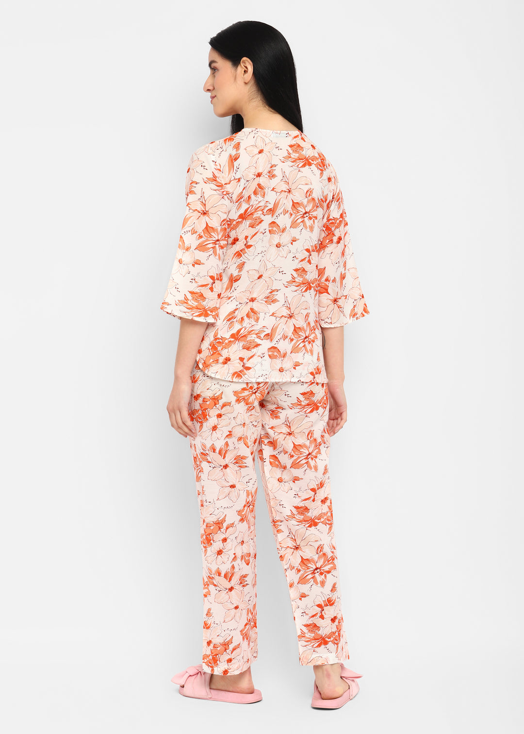 Multi Flower Orange Print V Neck 3/4th Sleeve Women's Night suit - Shopbloom