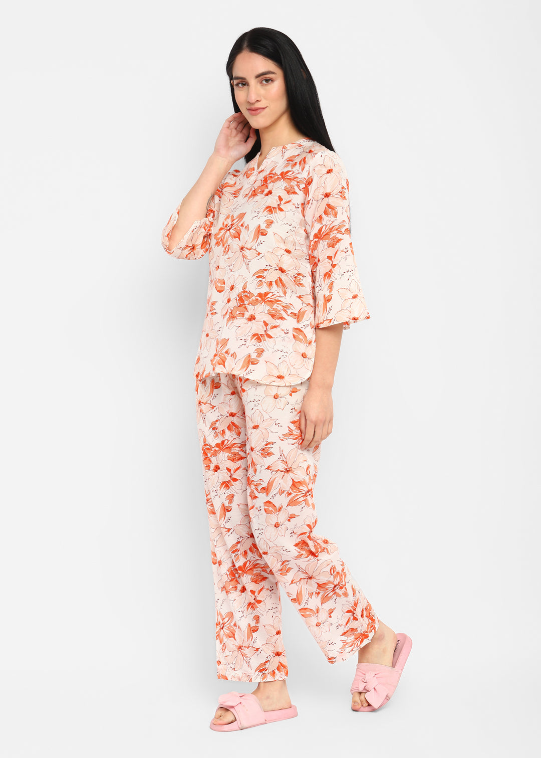 Multi Flower Orange Print V Neck 3/4th Sleeve Women's Night suit - Shopbloom