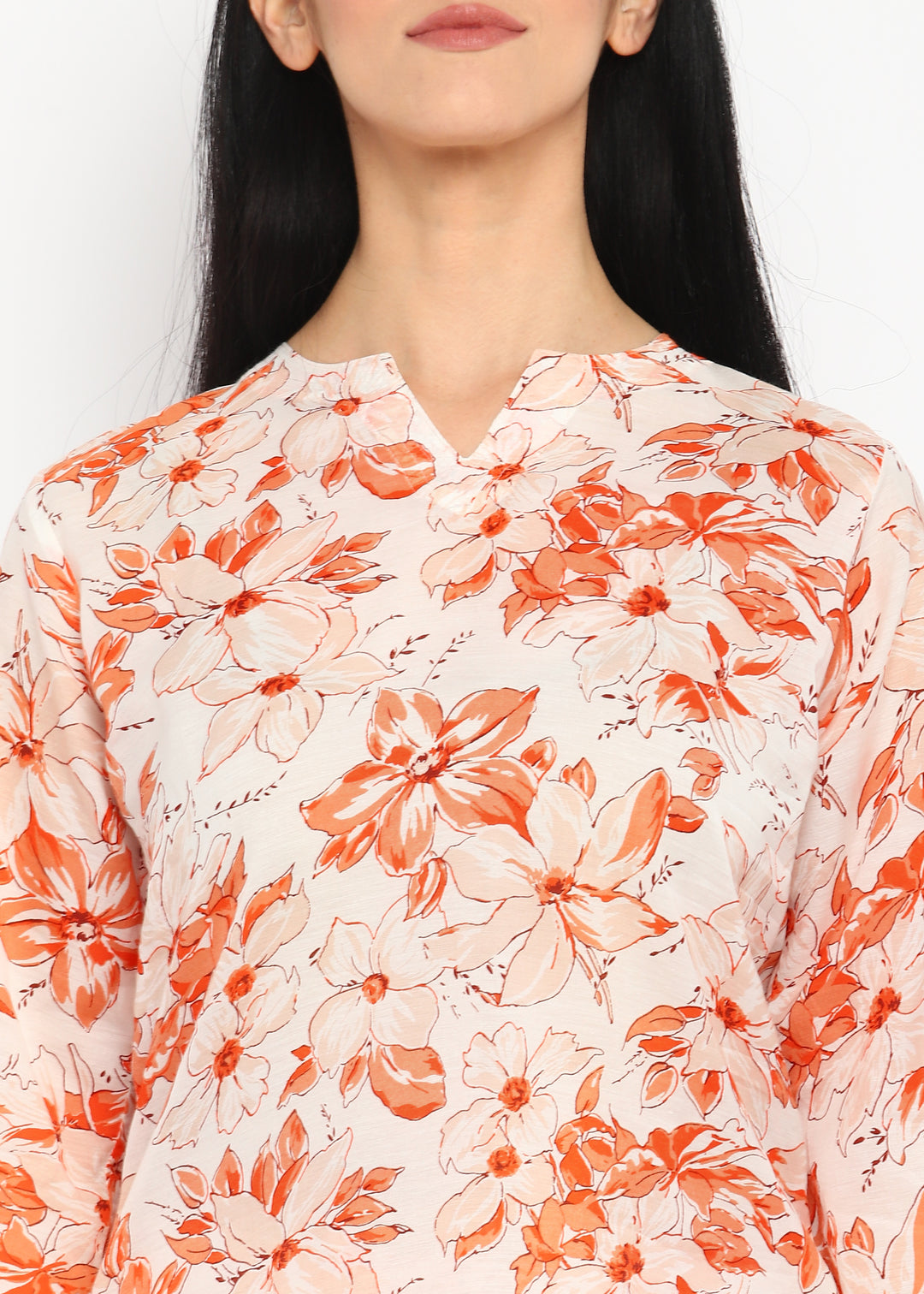 Multi Flower Orange Print V Neck 3/4th Sleeve Women's Night suit - Shopbloom