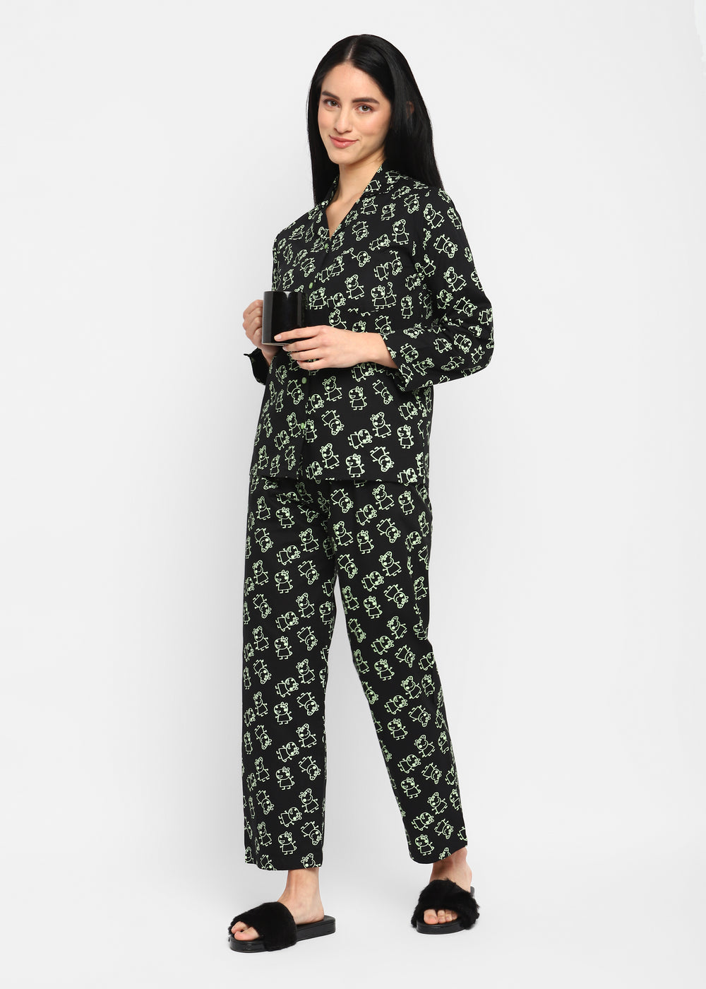 Glow in the Dark Peppa Print Long Sleeve Women Night Suit - Shopbloom