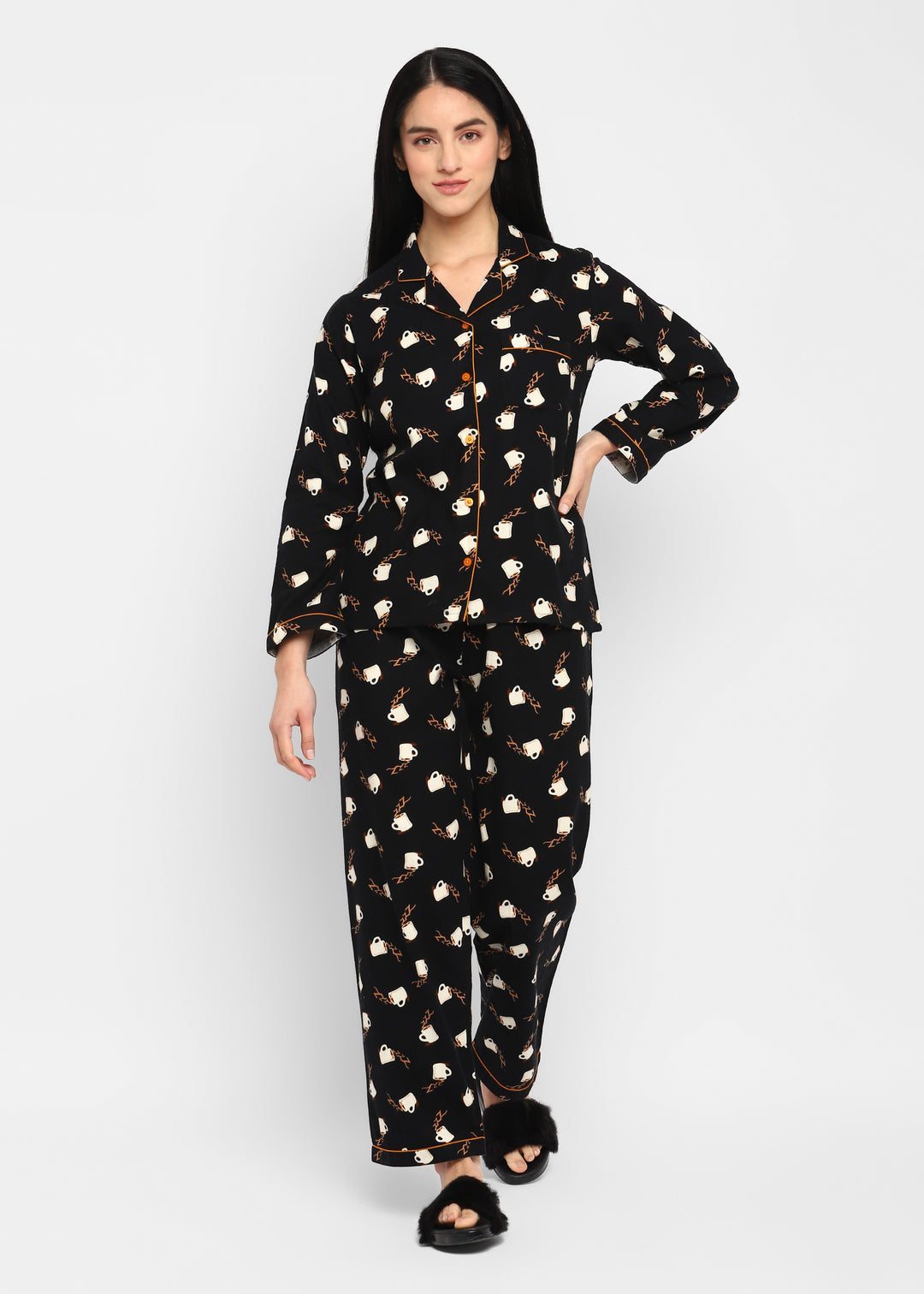 Coffee Cup Print Cotton Flannel  Long Sleeve Women's Night Suit - Shopbloom