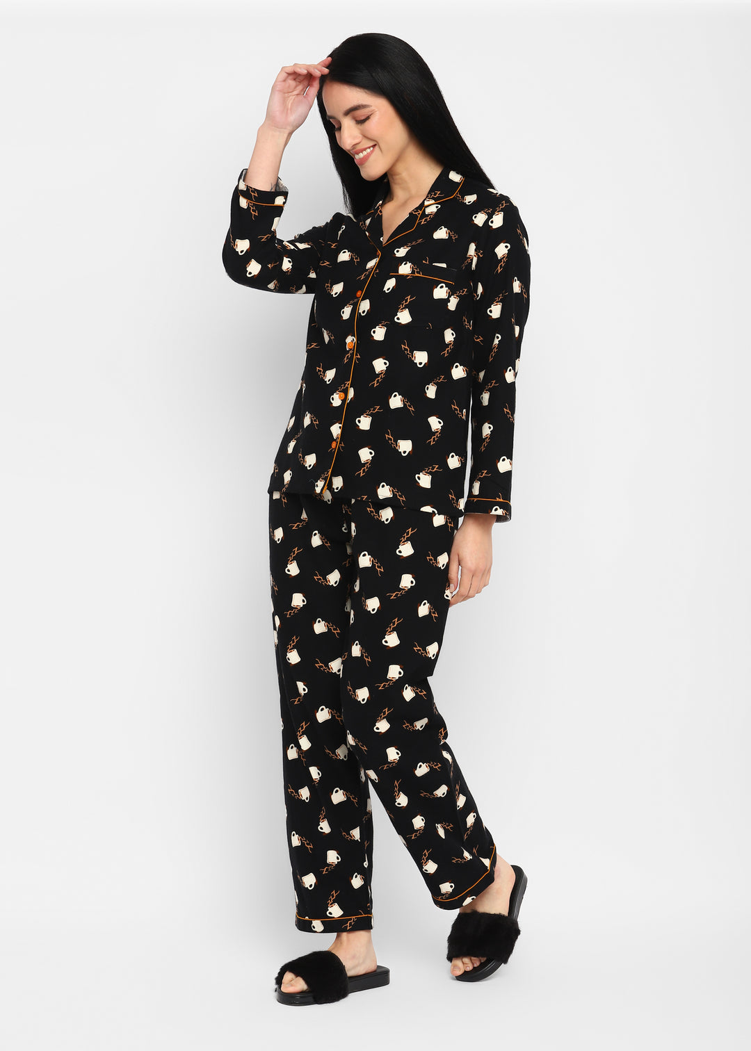 Coffee Cup Print Cotton Flannel  Long Sleeve Women's Night Suit - Shopbloom