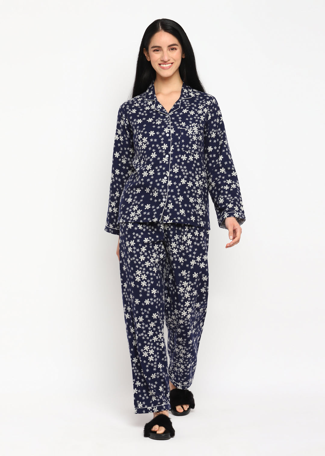 Blue Small Snowflakes Print Cotton Flannel Long Sleeve Women's Night Suit - Shopbloom