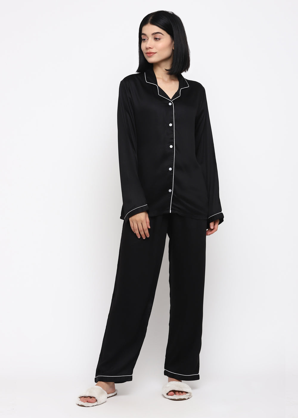 Ultra Soft Black Modal Satin Long Sleeve Women's Night Suit - Shopbloom