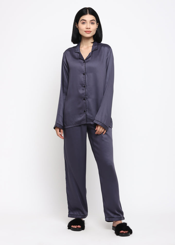 Ultra Soft Dark Grey Modal Satin Long Sleeve Women's Night Suit - Shopbloom