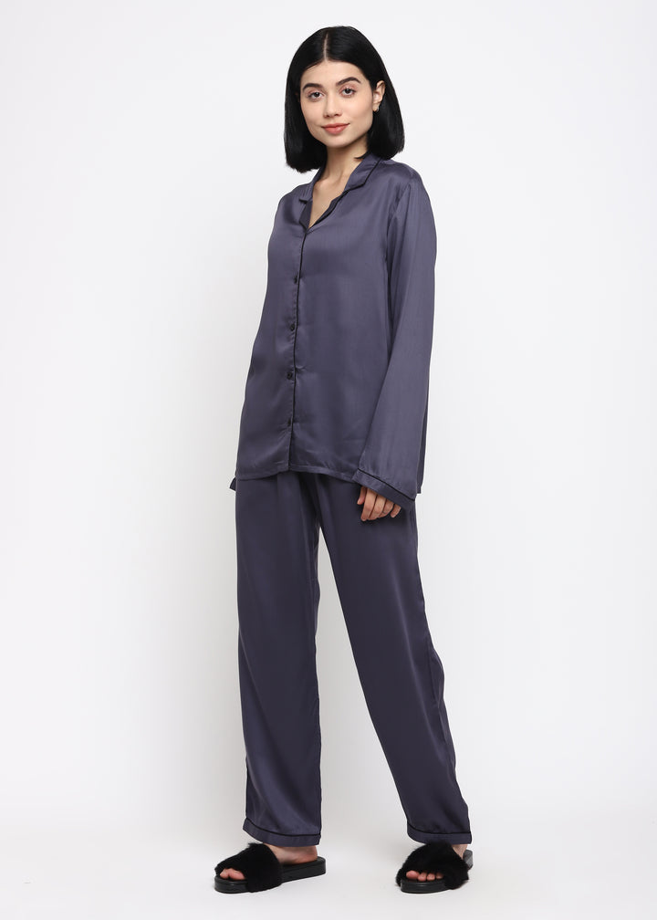 Ultra Soft Dark Grey Modal Satin Long Sleeve Women's Night Suit - Shopbloom