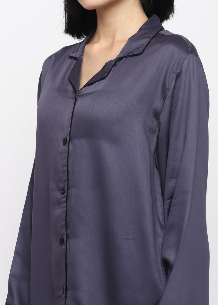 Ultra Soft Dark Grey Modal Satin Long Sleeve Women's Night Suit - Shopbloom