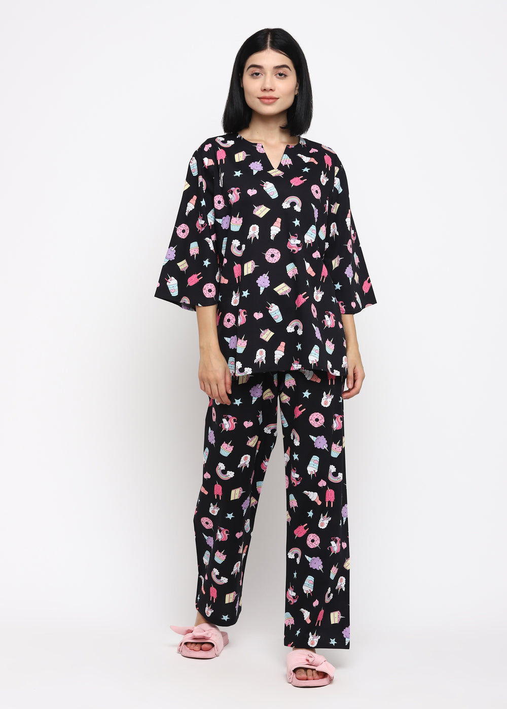 Black Unicorn Print V Neck Women's Night Suit - Shopbloom