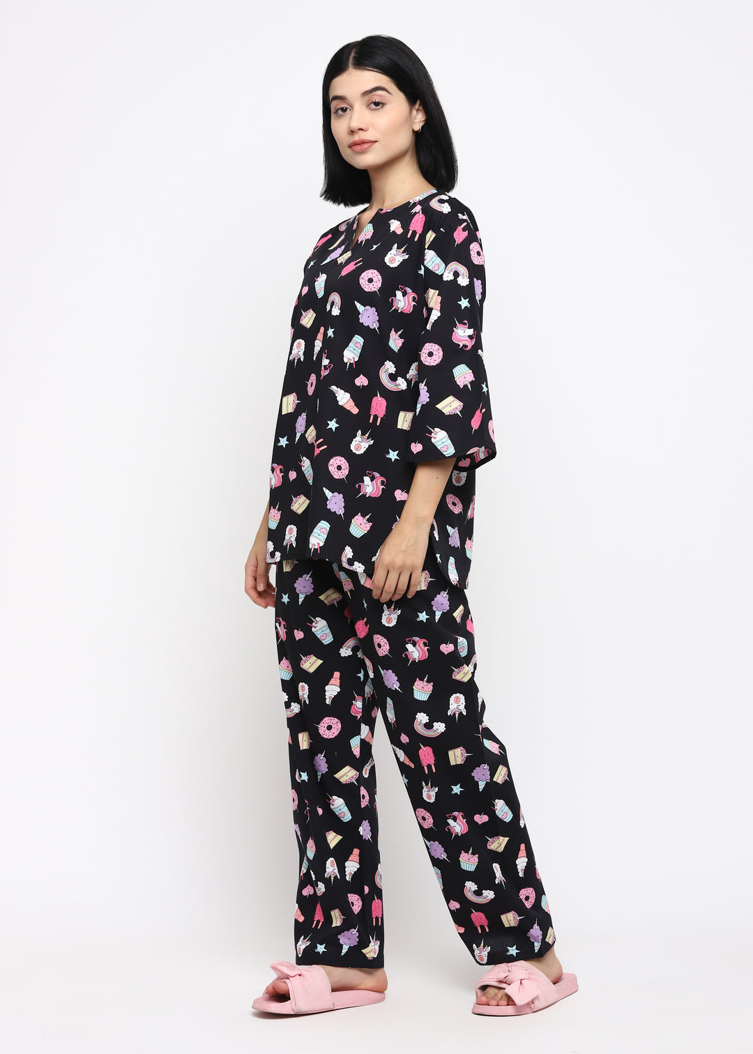 Black Unicorn Print V Neck Women's Night Suit - Shopbloom