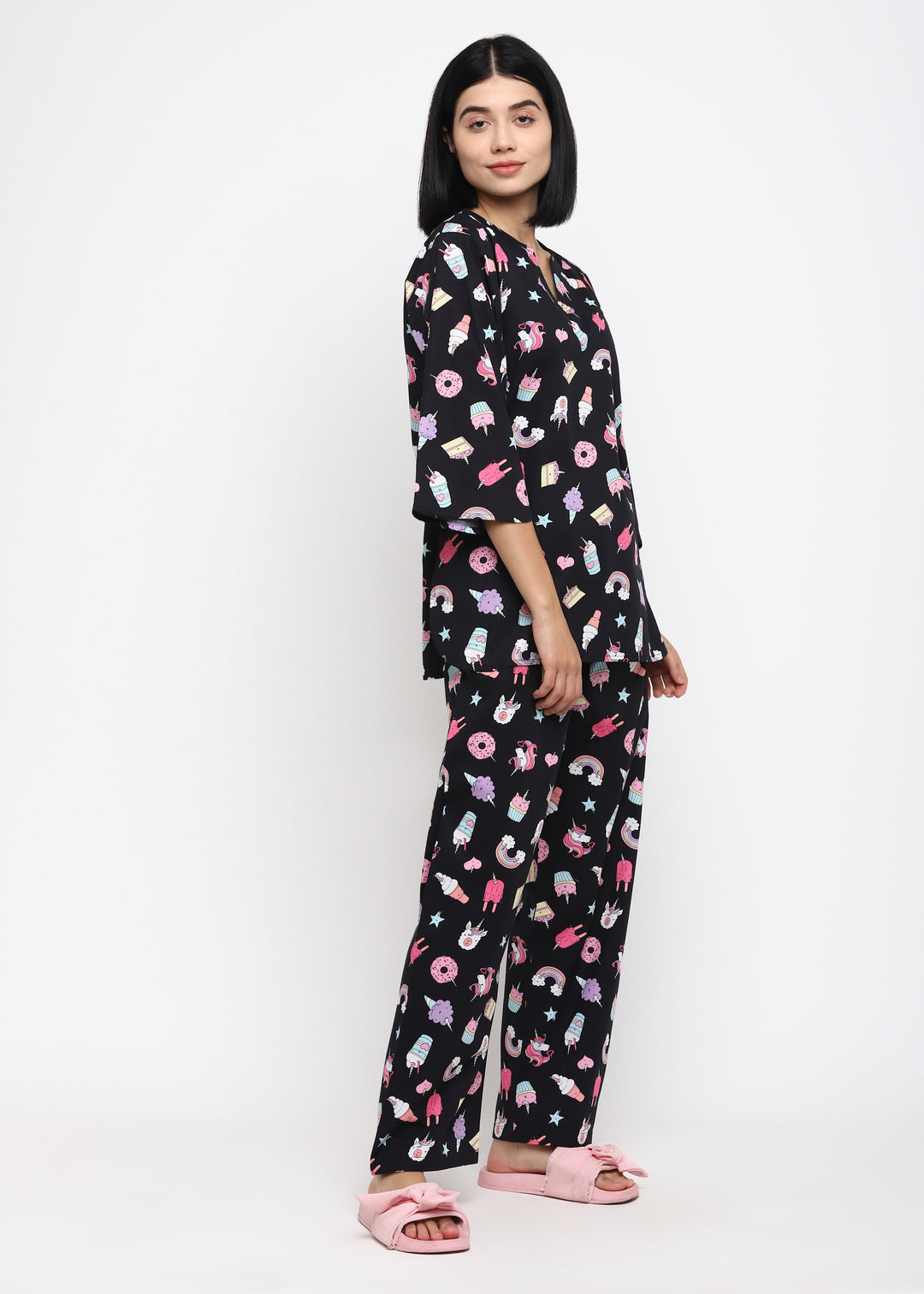 Black Unicorn Print V Neck Women's Night Suit - Shopbloom