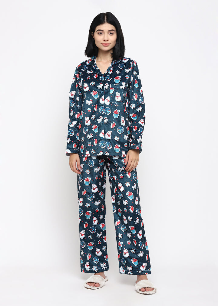 Fun and Festive Print Velvet Long Sleeve Women's Night Suit - Shopbloom