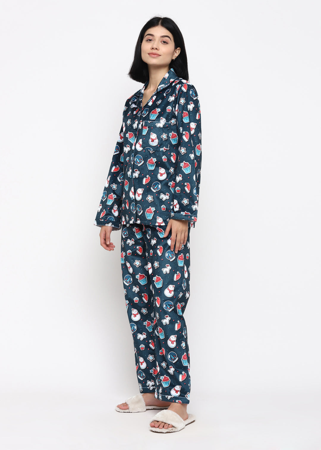 Fun and Festive Print Velvet Long Sleeve Women's Night Suit - Shopbloom