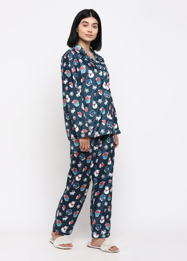 Fun and Festive Print Velvet Long Sleeve Women's Night Suit - Shopbloom