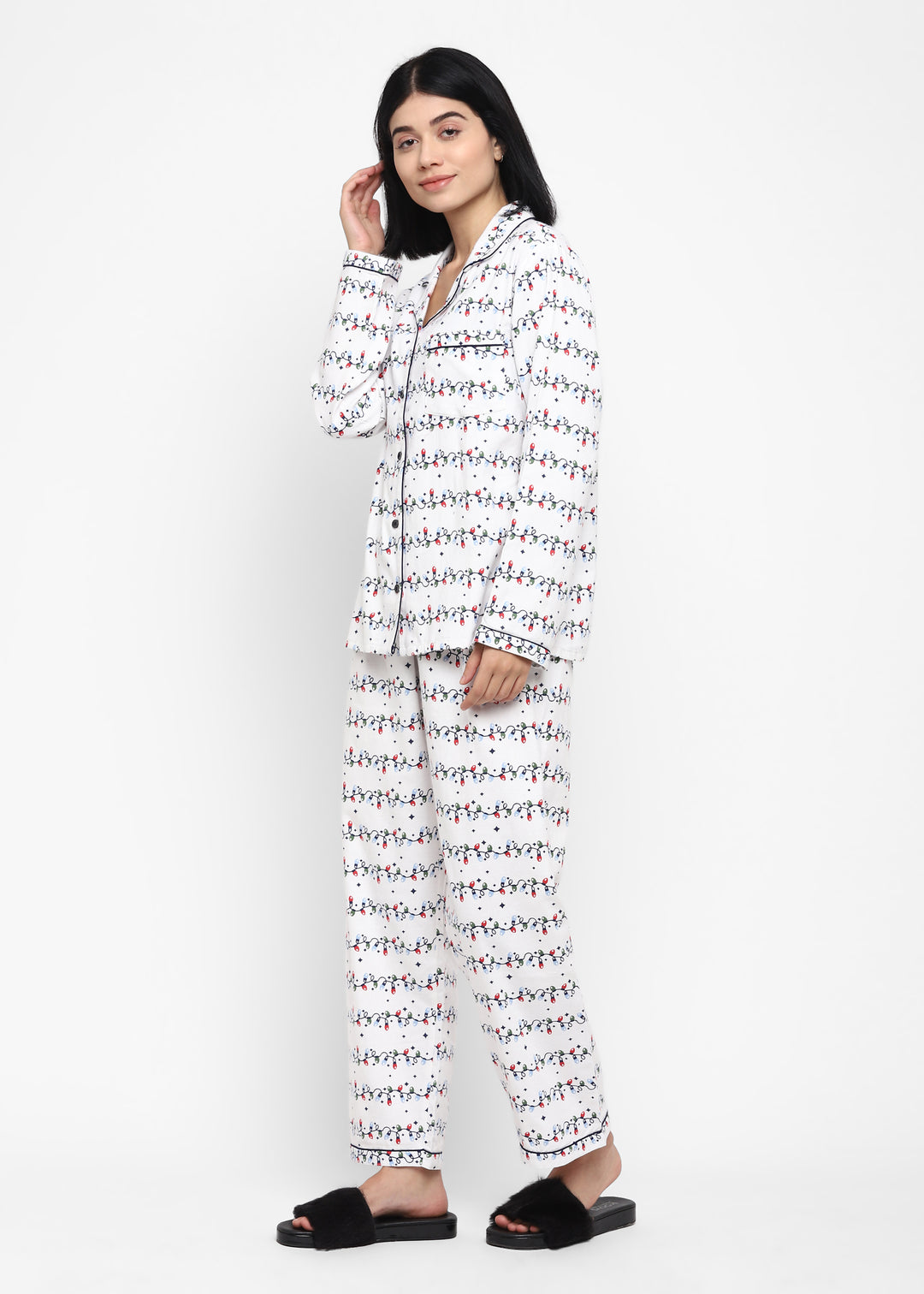 Festive Lights Print Cotton Flannel Long Sleeve Women's Night Suit - Shopbloom