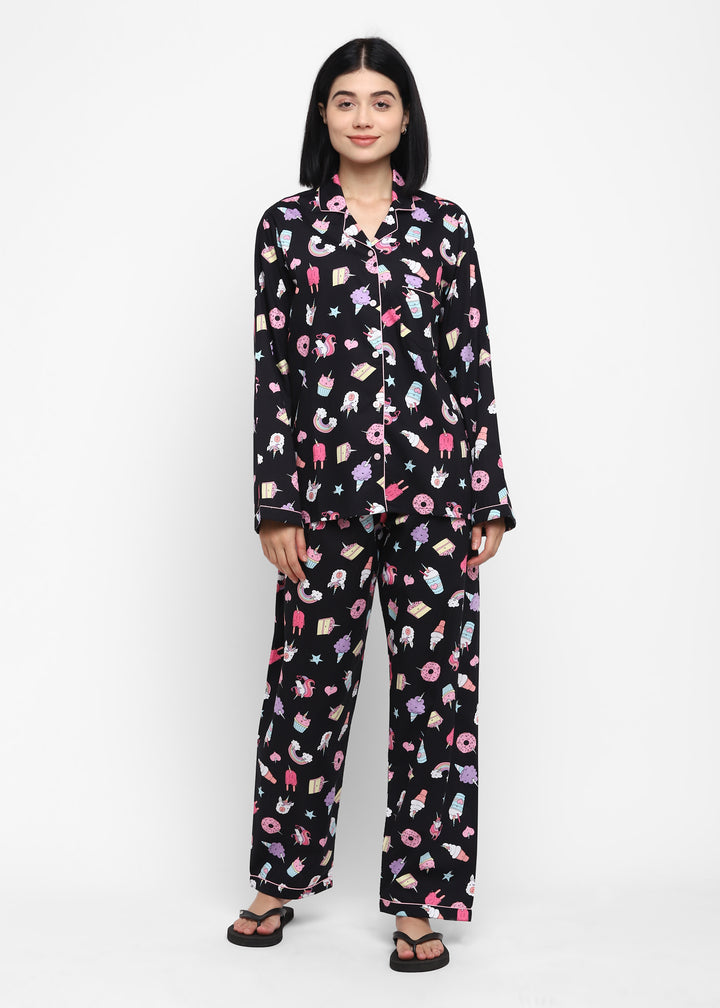 Black Unicorn Print Long Sleeve Women's Night Suit - Shopbloom