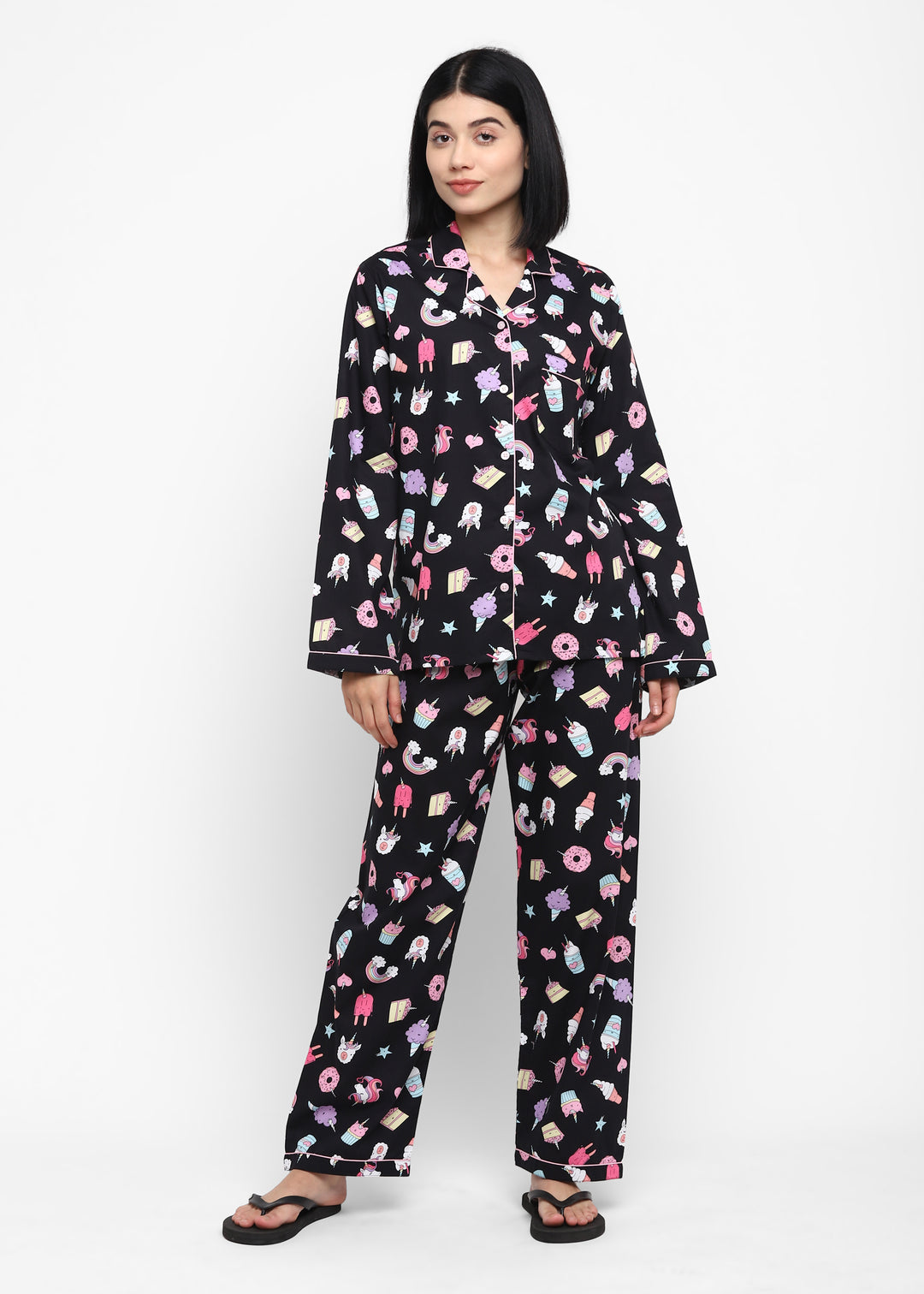 Black Unicorn Print Long Sleeve Women's Night Suit - Shopbloom