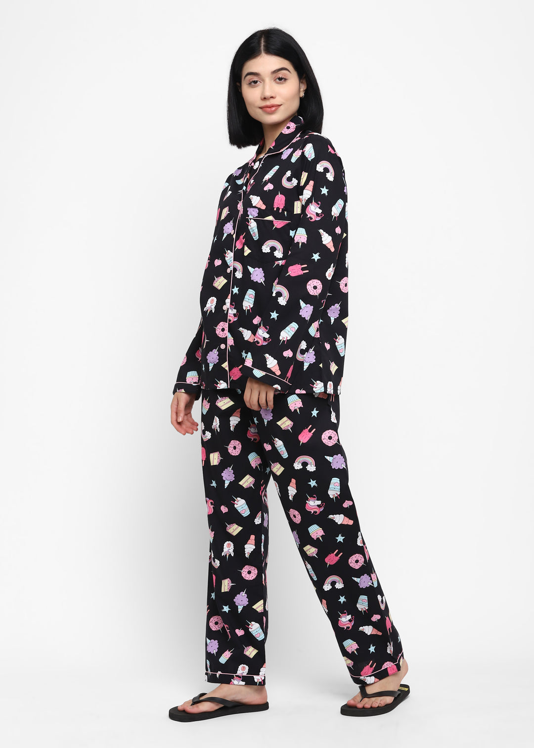 Black Unicorn Print Long Sleeve Women's Night Suit - Shopbloom