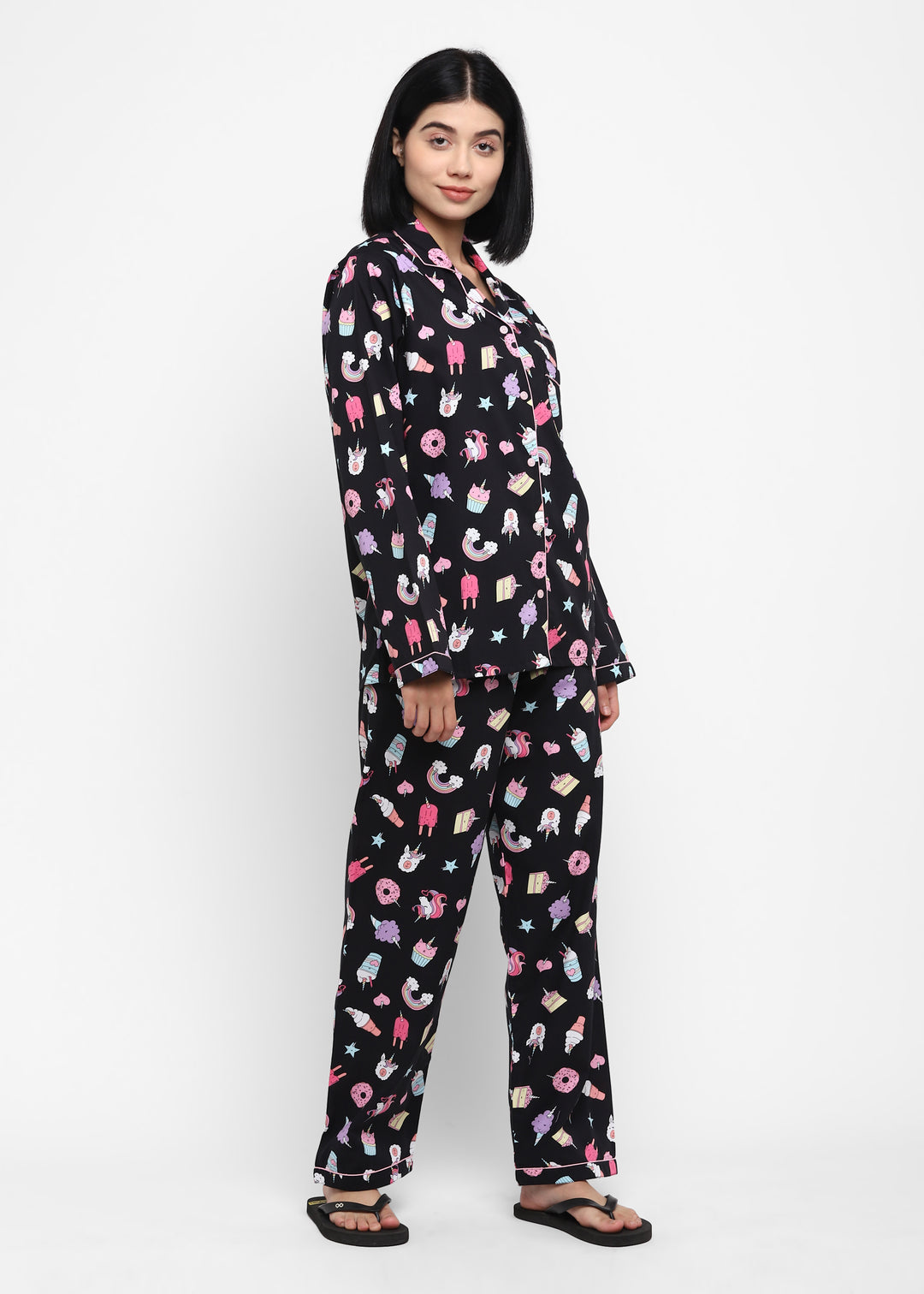 Black Unicorn Print Long Sleeve Women's Night Suit - Shopbloom