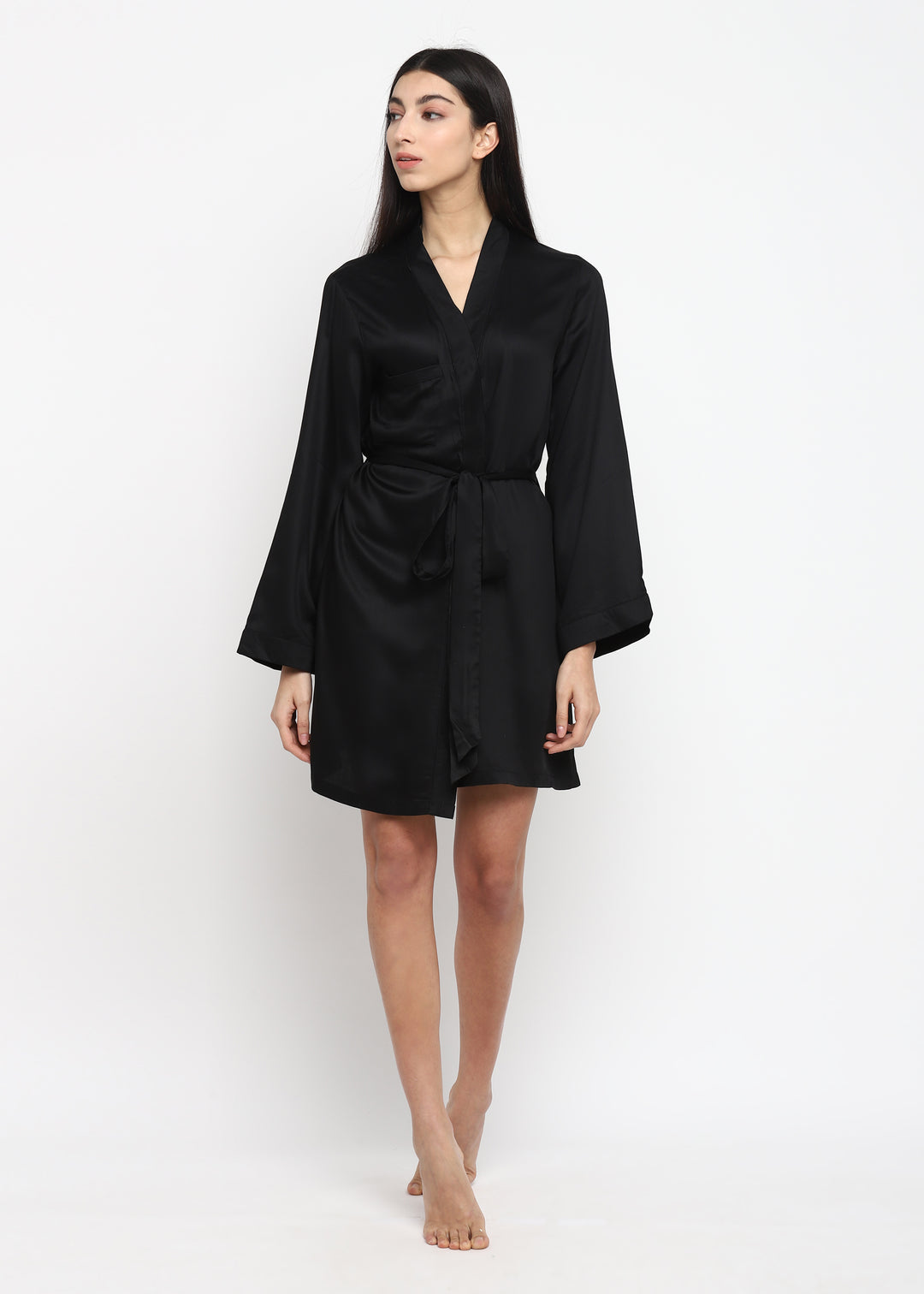 Black Modal Satin Robe With Tie - Shopbloom