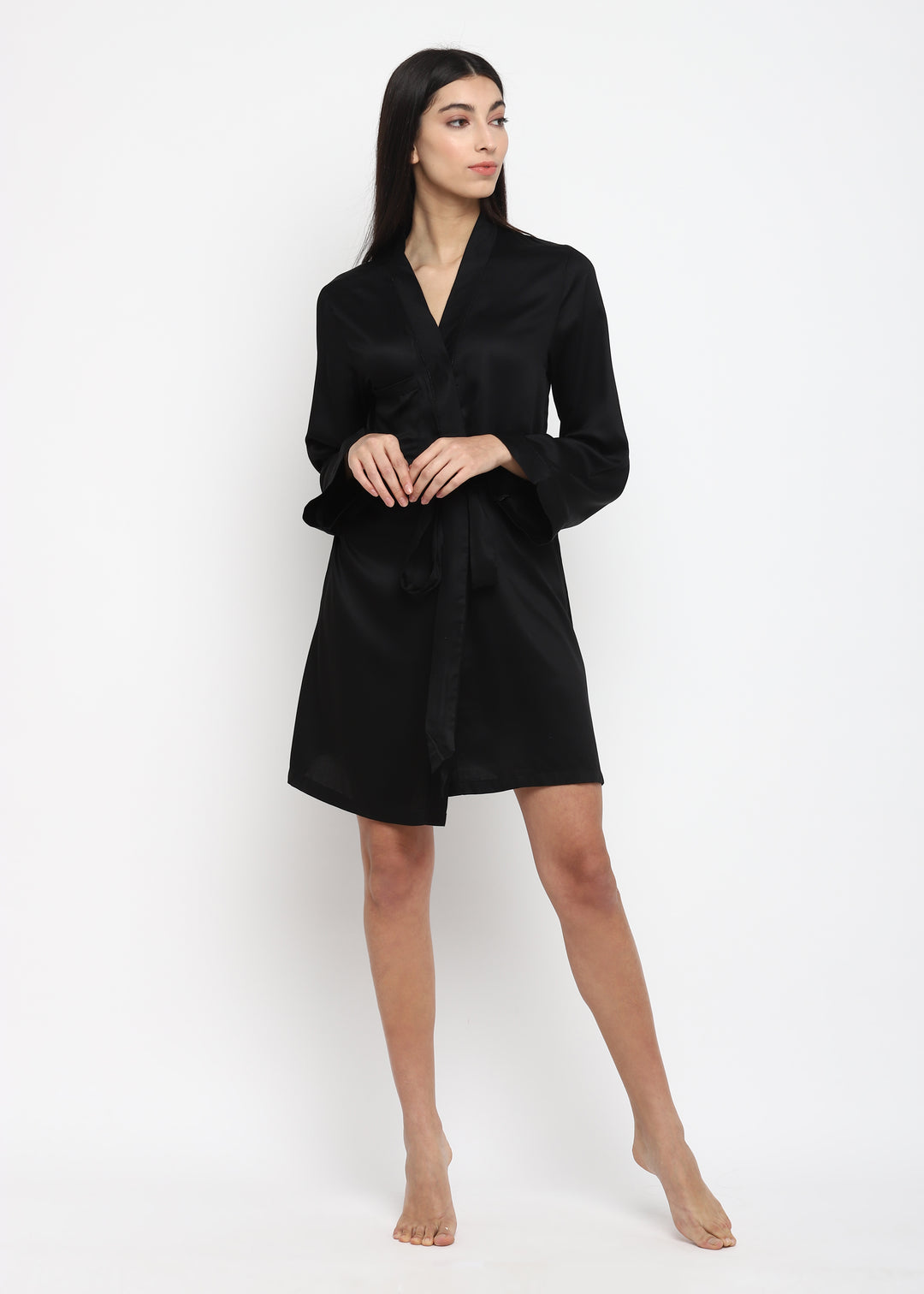 Black Modal Satin Robe With Tie - Shopbloom