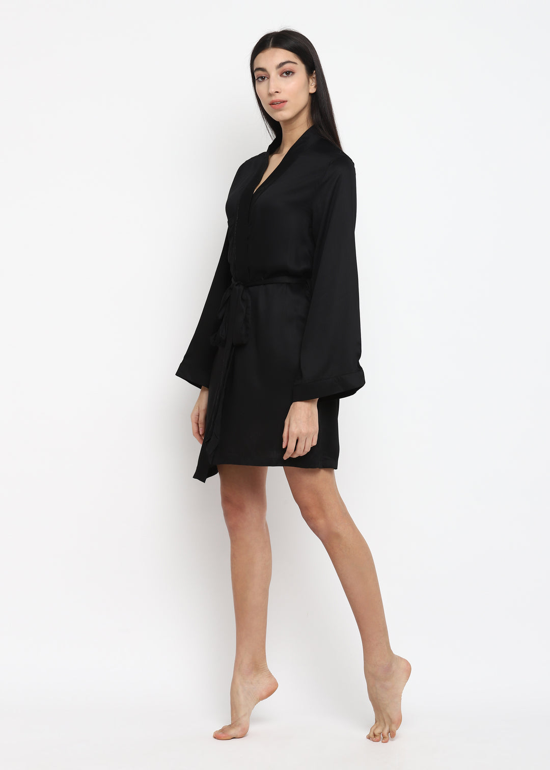 Black Modal Satin Robe With Tie - Shopbloom