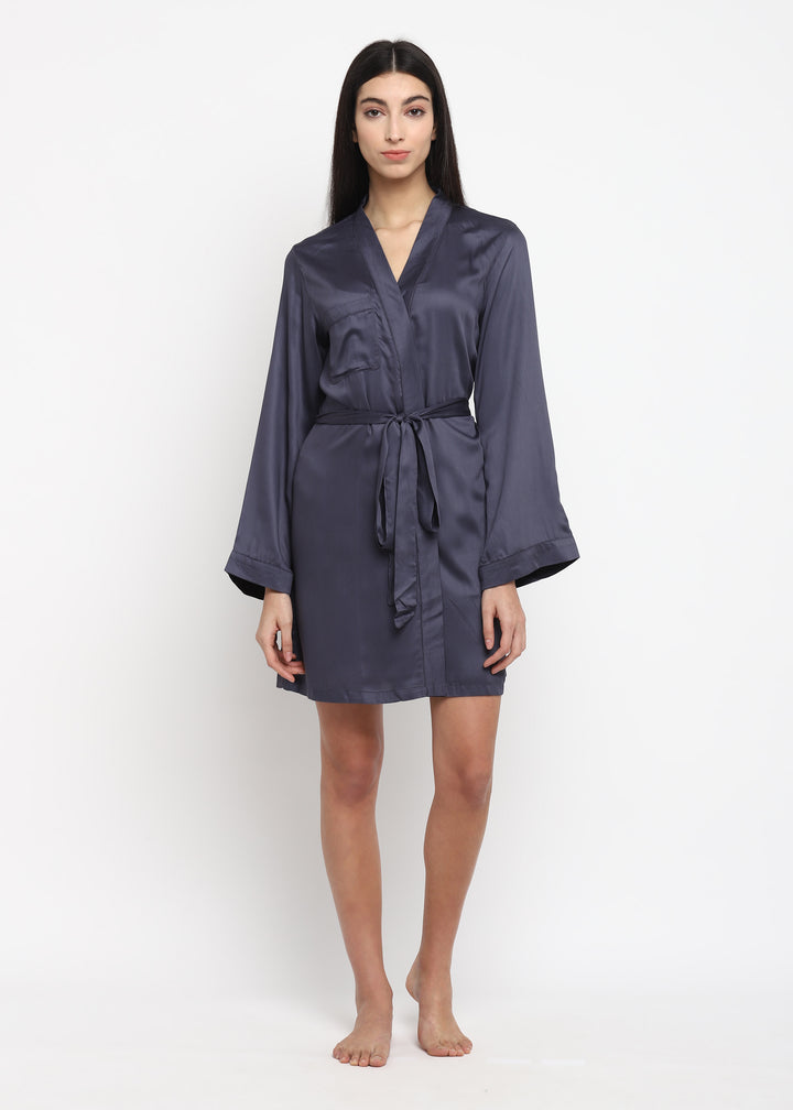 Dark Grey Modal Satin Robe with Tie - Shopbloom