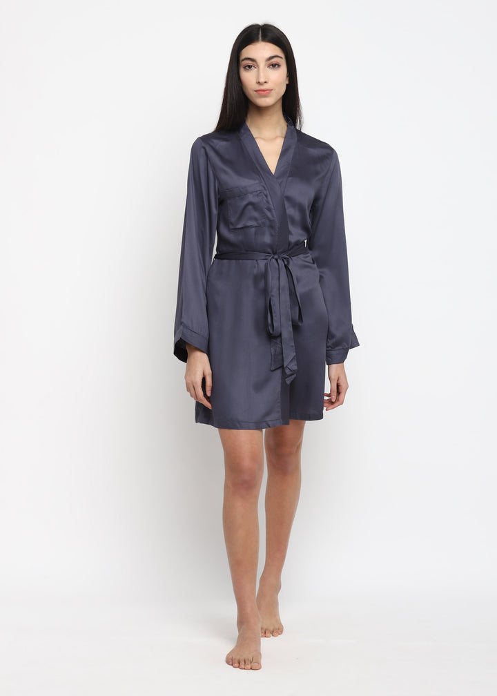 Dark Grey Modal Satin Robe with Tie - Shopbloom