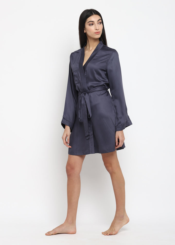 Dark Grey Modal Satin Robe with Tie - Shopbloom