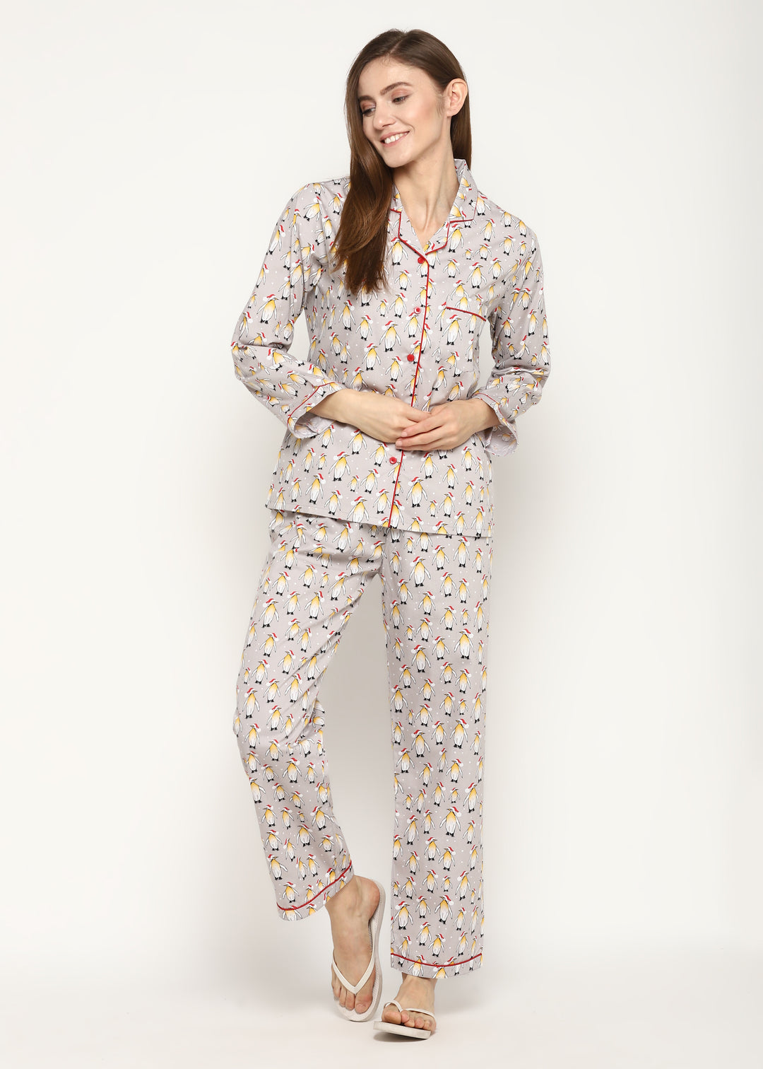 Cute Penguin Print Long Sleeve Women's Night Suit - Shopbloom