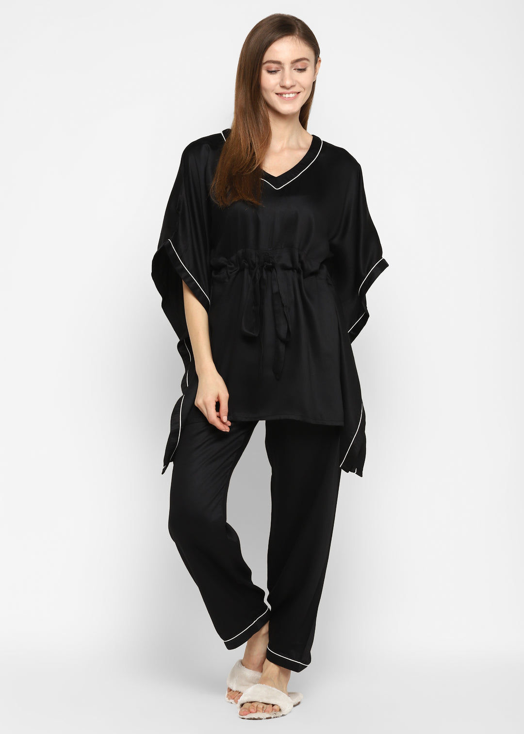 Ultra Soft Black Modal Satin Women's Kaftan Night Suit - Shopbloom