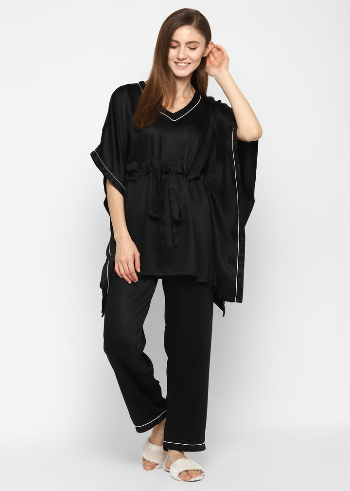 Ultra Soft Black Modal Satin Women's Kaftan Night Suit - Shopbloom