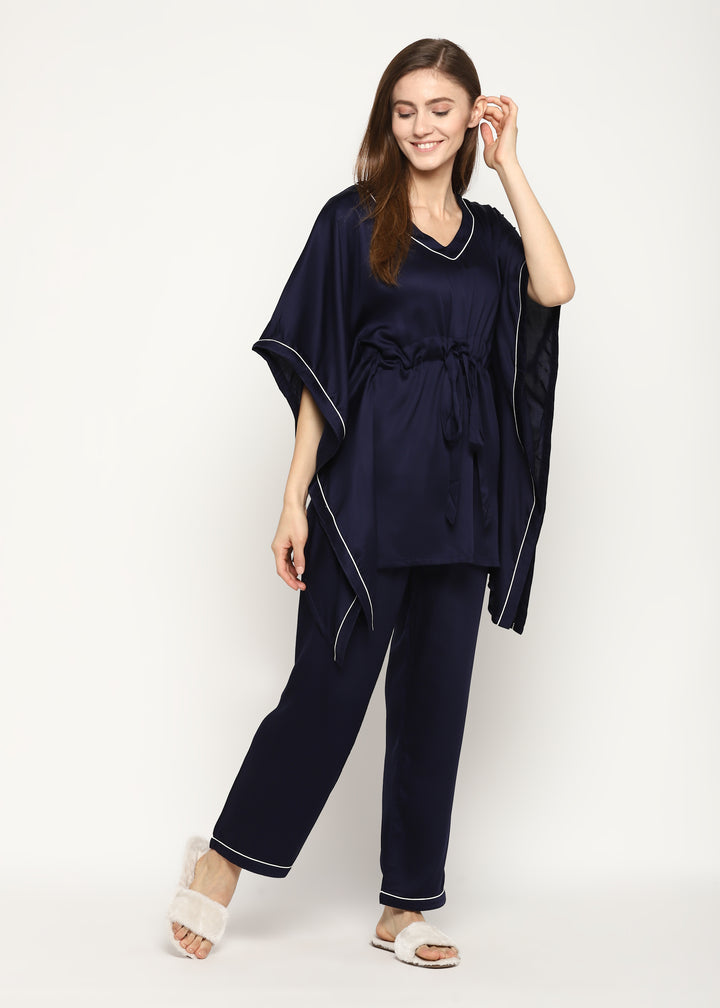 Ultra Soft Navy Modal Satin Women's Kaftan Night Suit - Shopbloom