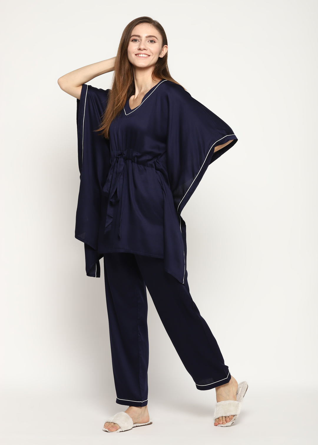 Ultra Soft Navy Modal Satin Women's Kaftan Night Suit - Shopbloom