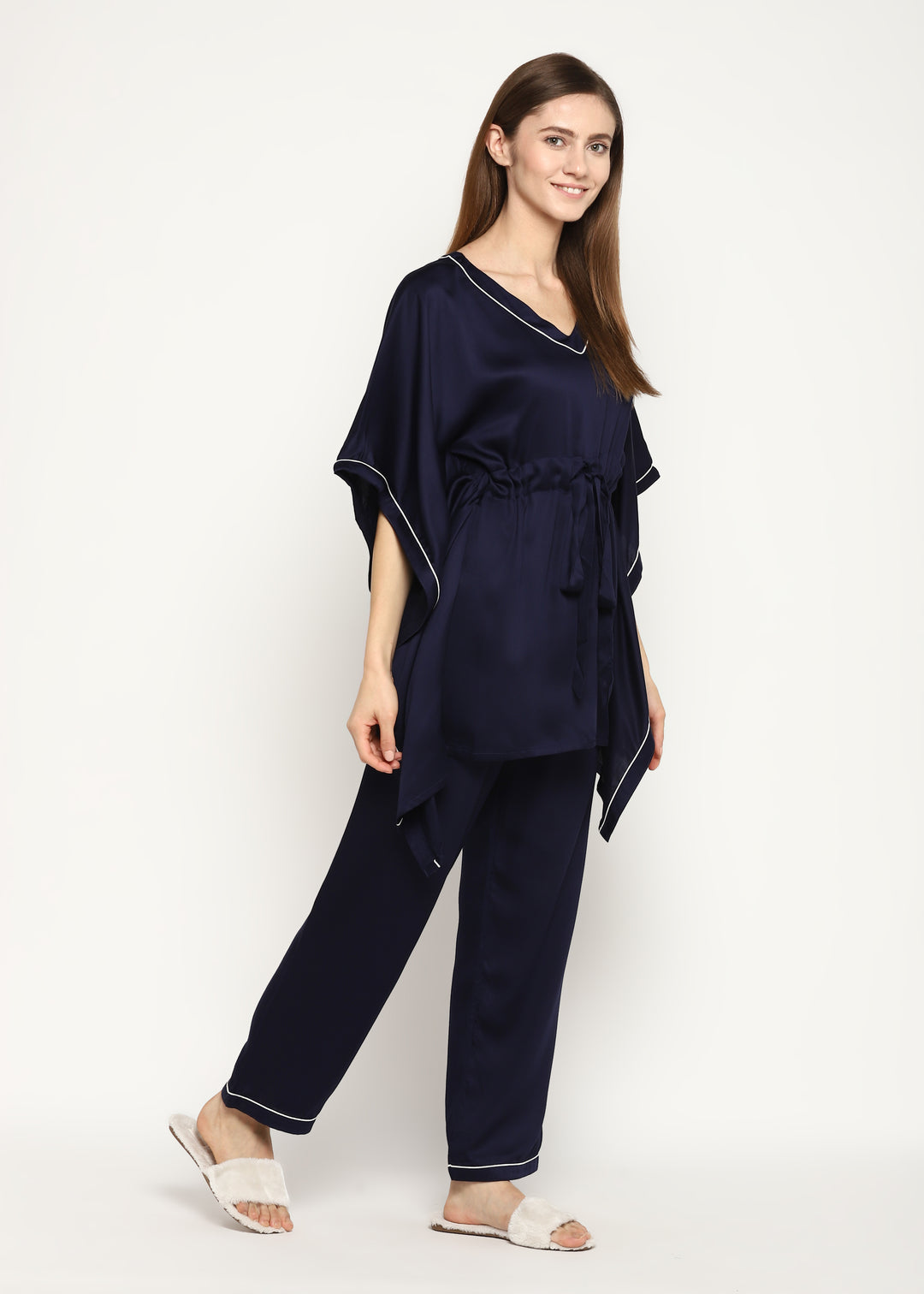 Ultra Soft Navy Modal Satin Women's Kaftan Night Suit - Shopbloom